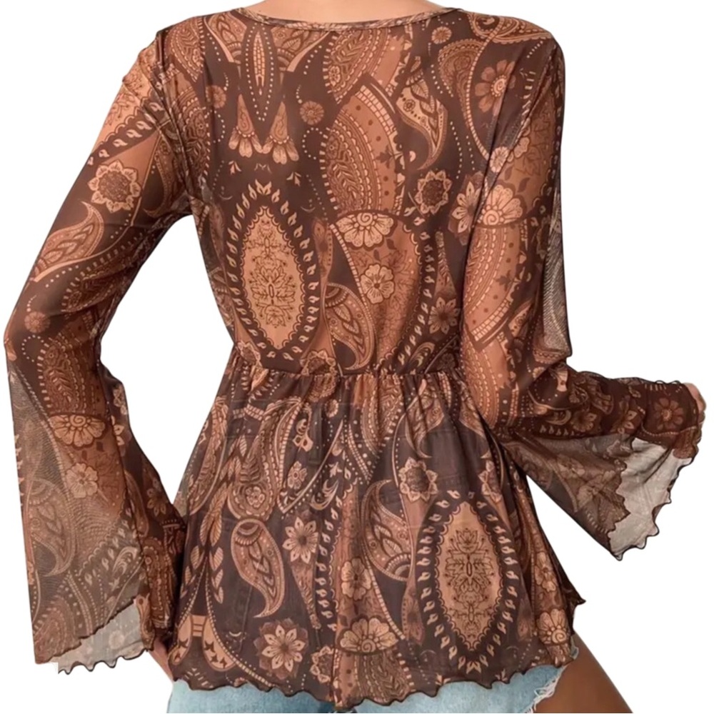 Boho V-Neck Flared Long Sleeve Paisley Top - Picture 2 of 3
